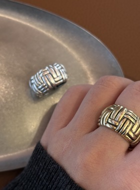 ins风古铜金银做旧麻花编织戒指欧美金属风小众轻奢男女同款指环