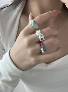 女合金嘻哈复古滴釉彩绘戒指