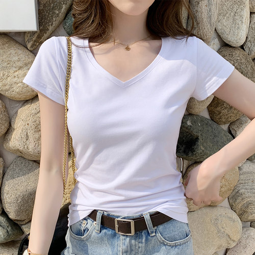 暗紫色棉质短袖t恤女v领黑色上衣2026夏季鸡心领设计感打底体恤潮 - 图1