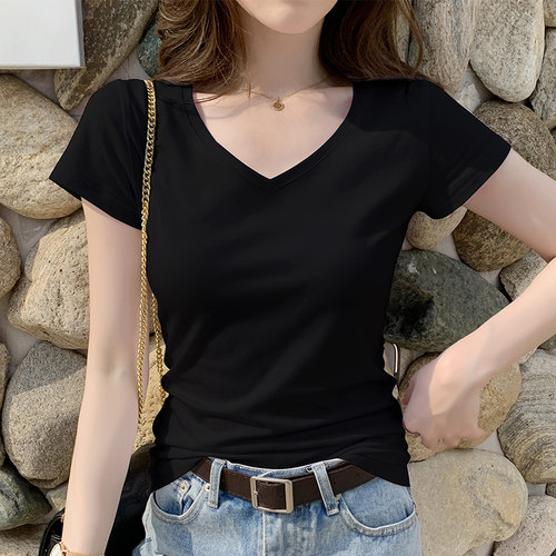 暗紫色棉质短袖t恤女v领黑色上衣2026夏季鸡心领设计感打底体恤潮 - 图0