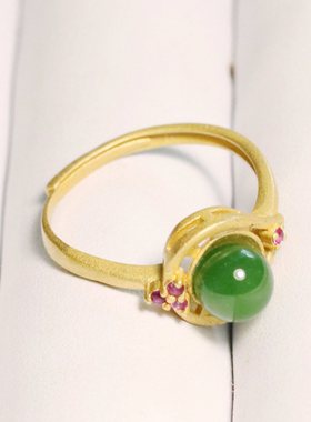 天然新疆和田碧玉可调节弧面戒指