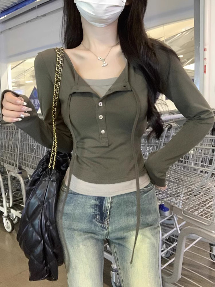 美式复古辣妹短款修身上衣打底衫女秋冬设计感假两件长袖T恤内搭,淘宝优惠券,粉丝福利购,淘宝优惠卷