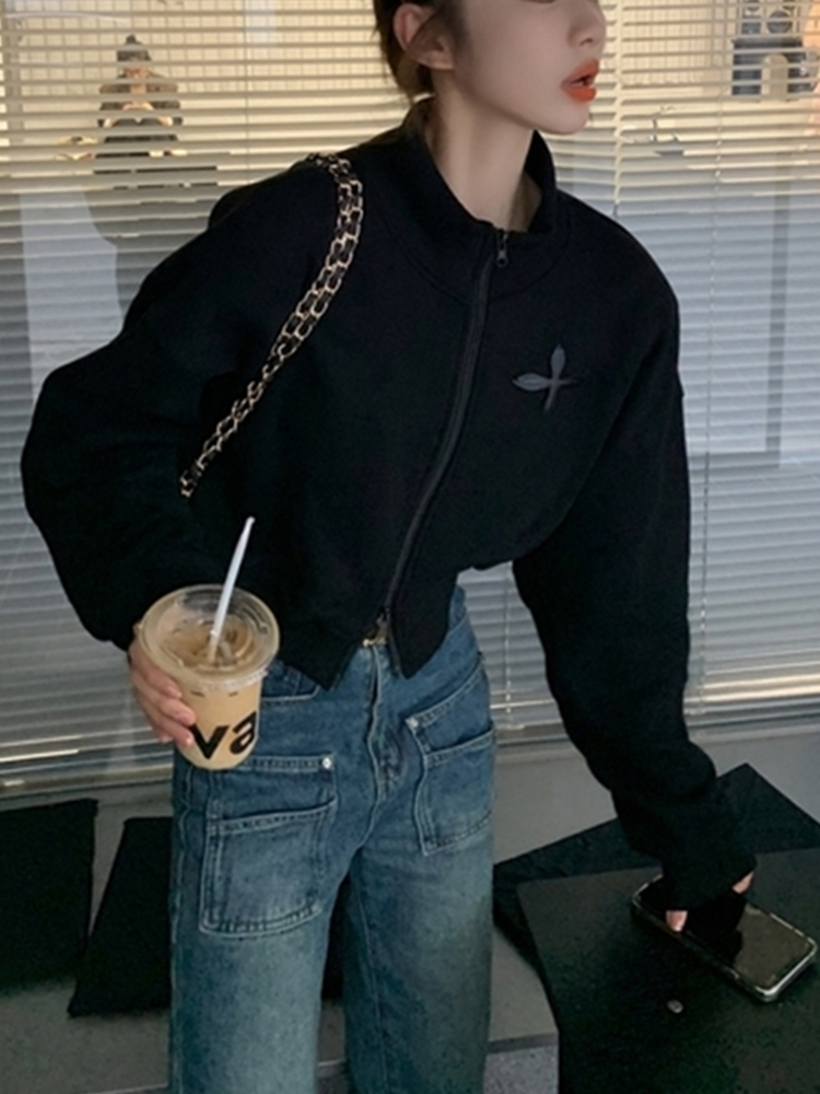 美式复古国潮牌短款双拉链外套女早秋宽松显瘦长袖设计感立领卫衣 - 图2