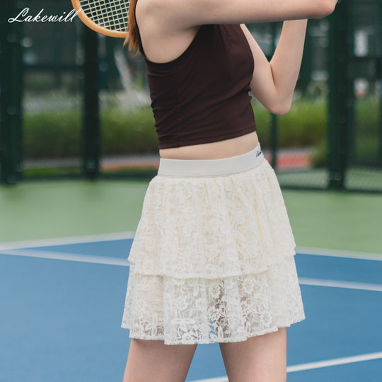 Lakewill双层蕾丝网球短裙透气跑步防走光速干休闲户外运动短裙