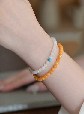 天然蜜蜡和田玉手串双圈叠戴