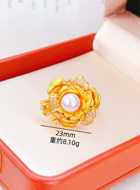 新中式沙金点钻珍珠玫瑰女戒