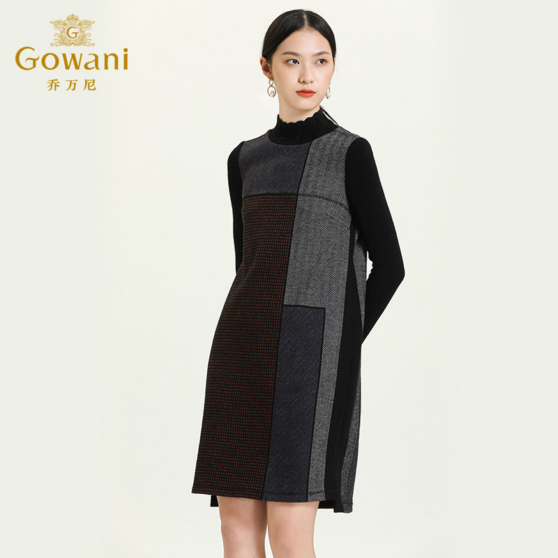 乔万尼秋冬新款艺术格纹印花花边立领设计感宽松舒适感连衣裙,淘宝优惠券,粉丝福利购,淘宝优惠卷