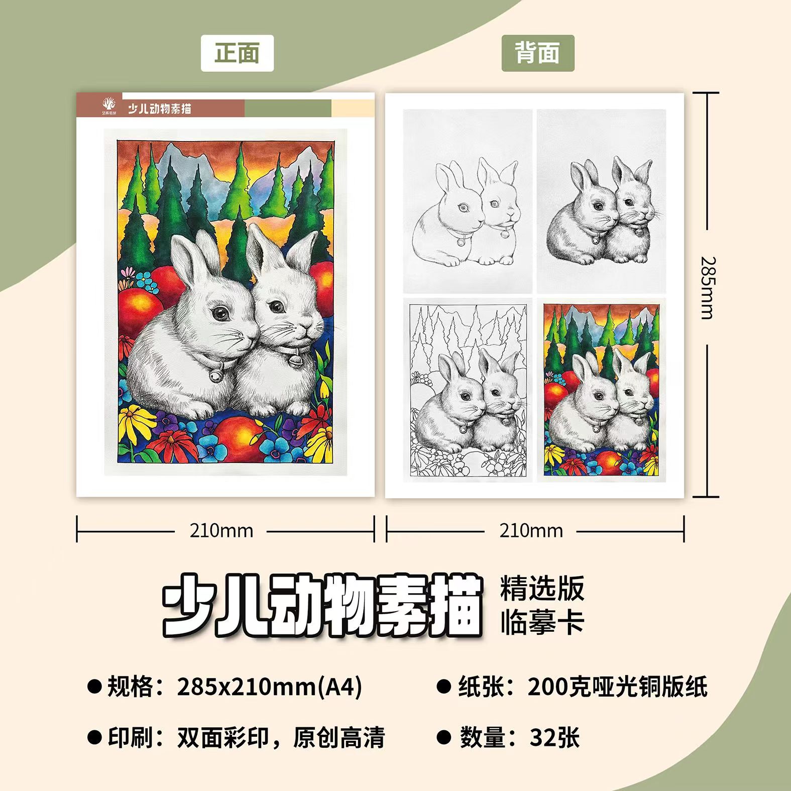 暑假少儿动物素描临摹卡32张A4带步骤图马克笔美术双面卡片画室