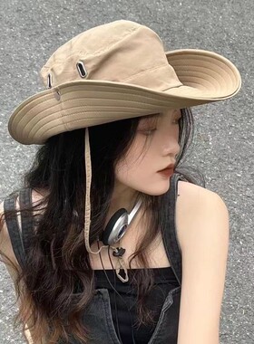 防晒太阳帽户外钓鱼登山帽西部牛仔帽女抽绳渔夫帽男夏季度假大檐