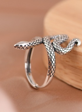 女款银戒指925银灵蛇复指环