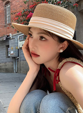 日本RX法式平顶遮阳草帽女夏户外防晒帽子沙滩帽海边度假太阳帽潮