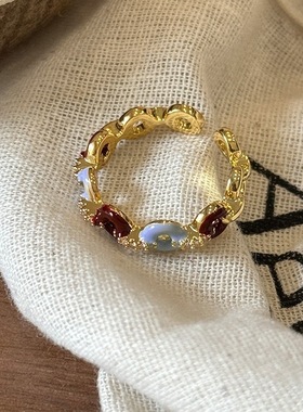 精致滴釉彩色戒指女网红甜甜圈几何S925镀银开口指环个性食指戒潮