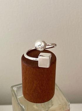 圆球方块戒指女几何不规则个性百搭S925银开口指环ins小众食指戒