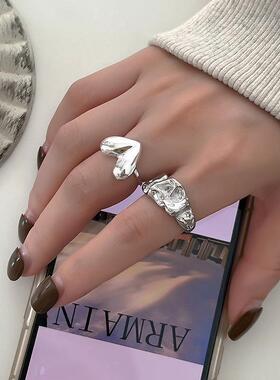 褶皱爱心戒指女甜酷风叠戴嘻哈个性S925镀银开口指环街拍达人食指