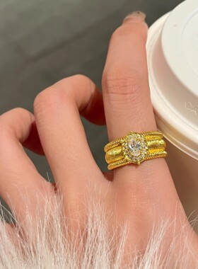 中古金色戒指女时尚轻奢精致彩色锆石S925镀银开口指环重工食指戒