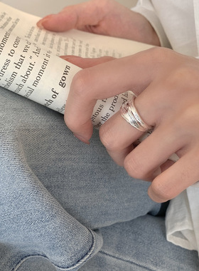 双层不规则褶皱戒指女几何时尚个性嘻哈S925镀银开口指环食指戒潮