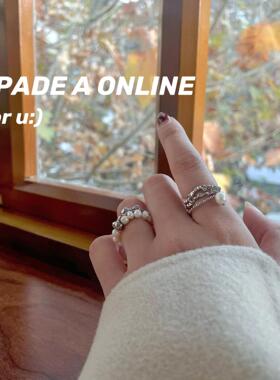 韩版S925镀银多层仿珍珠戒指女复古时尚流苏吊坠开口指环优雅食指