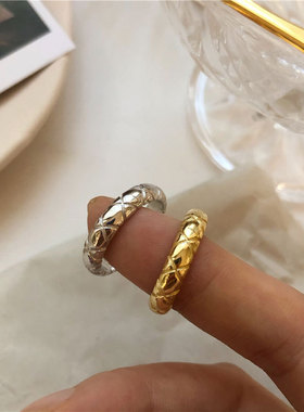 韩国复古S925镀银菱形纹戒指女时尚简约光面麻花指环冷淡风食指戒