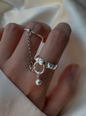 时尚气质S925镀银2件套戒指复古时尚韩版链条流苏双指开口指环女