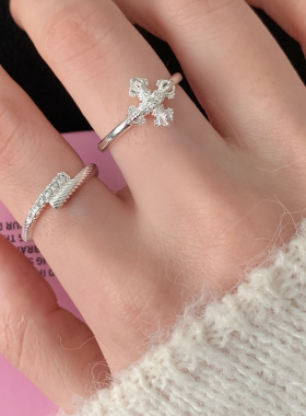 复古十字架开口锆石镀银女戒指