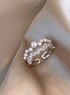 小众双层设计仿珍珠开口戒指女几何精致优雅S925镀银指环食指戒潮