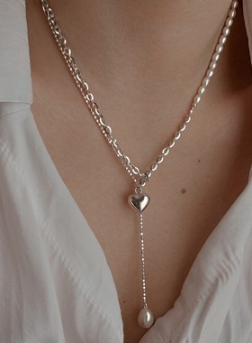 甜酷爱心流苏项链精致优雅仿珍珠S925银桃心锁骨链ins风毛衣链潮