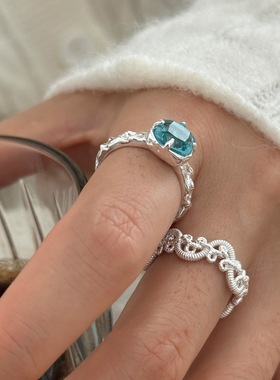 鸢尾花朵戒指女镂空藤蔓精致百搭叠戴蓝色开口指环ins风食指戒潮