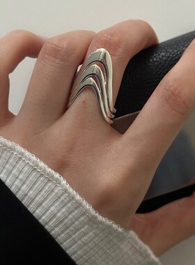 镂空多层V形线条戒指女几何简约时尚百搭个性开口指环网红食指戒