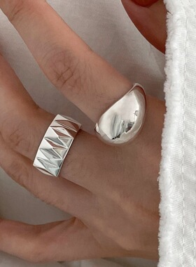 几何宽边星光戒指女切割不规则纹理光面S925镀银开口指环食指戒潮