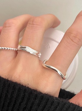 简约叠戴几何戒指女甜酷百搭时尚不规则波浪S925银开口指环食指戒