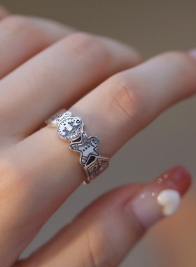 姜饼人戒指女复古做旧个性卡通涂鸦小熊S925银开口指环ins食指戒