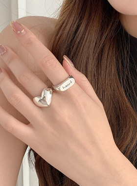 韩版S925镀银甜美心型戒指女复古时尚气质爱心开口指环嘻哈食指戒