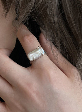 日韩S925镀银不规则仿珍珠巴洛克戒指女复古夸张开口指环食指戒潮