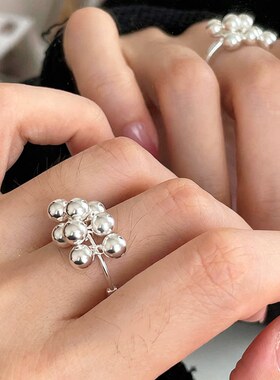 一串硕果戒指女圆球吊坠葡萄S925镀银开口指环时尚小众气质食指戒