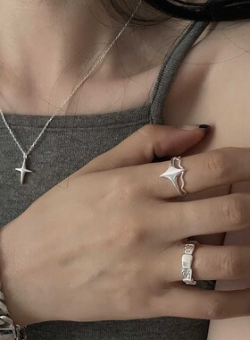 甜美精致纹理戒指女几何星芒叠戴百搭个性S925镀银开口指环食指戒