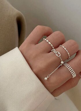 韩版S925镀银创意抽拉小巧戒指女复古时尚花朵链条流苏鼻子食指环