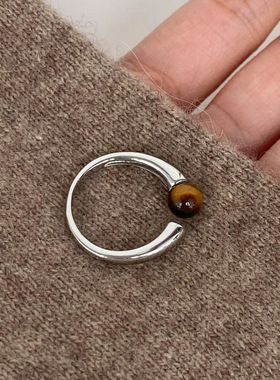 精致虎眼石戒指女简约水滴气质百搭S925镀银开口指环ins风食指戒