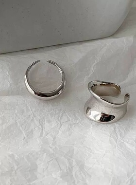 简约凹凸光面戒指女韩版时尚个性S925银开口指环叠戴嘻哈食指戒潮