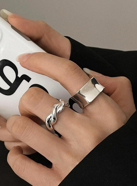 几何方形戒指女复古S925镀银镂空栅栏开口指环时尚嘻哈简约食指戒