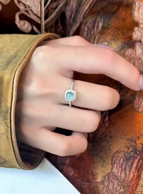 蓝色方形戒指女精致优雅百搭个性S925镀银开口指环清新时尚食指戒