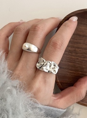 褶皱不规则戒指女复古时尚个性嘻哈S925银开口指环网红百搭食指戒