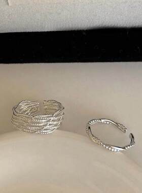 几何线条交叉麻花戒指女多层精致百搭S925镀银开口指环创意食指戒