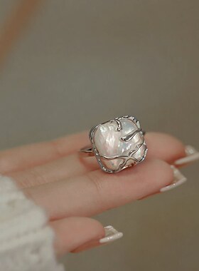 异形仿珍珠缠绕S925镀银戒指女复古时尚气质不规则开口指环食指戒