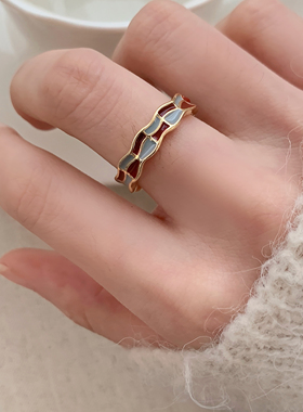 轻奢小众滴釉几何开口镀银戒指潮