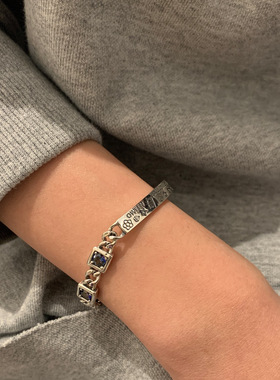 韩版S925镀银拼接手镯手链女复古时尚镶嵌手环嘻哈个性手饰潮