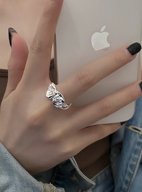 金属褶皱开口食指戒指女小众设计ins个性夸张S925镀银嘻哈指环潮