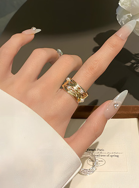 多层线条缠绕戒指女轻奢仿珍珠点缀气质开口指环ins风小众食指戒