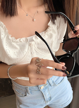 韩国S925镀银ins潮戒指女复古泰银镂空光面几何指环学生潮食指戒