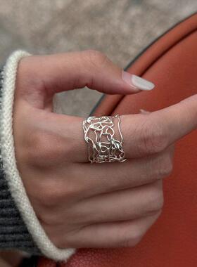 线条镂空宽边戒指女个性嘻哈时尚甜酷S925镀银开口指环百搭食指戒