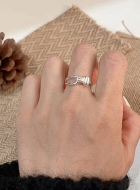 镂空绳结扣戒指女复古欧式简约S925镀银开口指环冷淡风个性食指戒